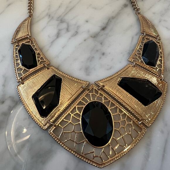 Goldtone and Black Jewel Statement Bib Necklace Cleopatra Queen - Picture 2 of 3